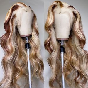 Peruaans haar Blonde Highlight Lace Front Wig Body Wave 13X4 Lace Frontal Wigs Honey Blonde Coloured Synthetic Cosplay Wigs for Black Women