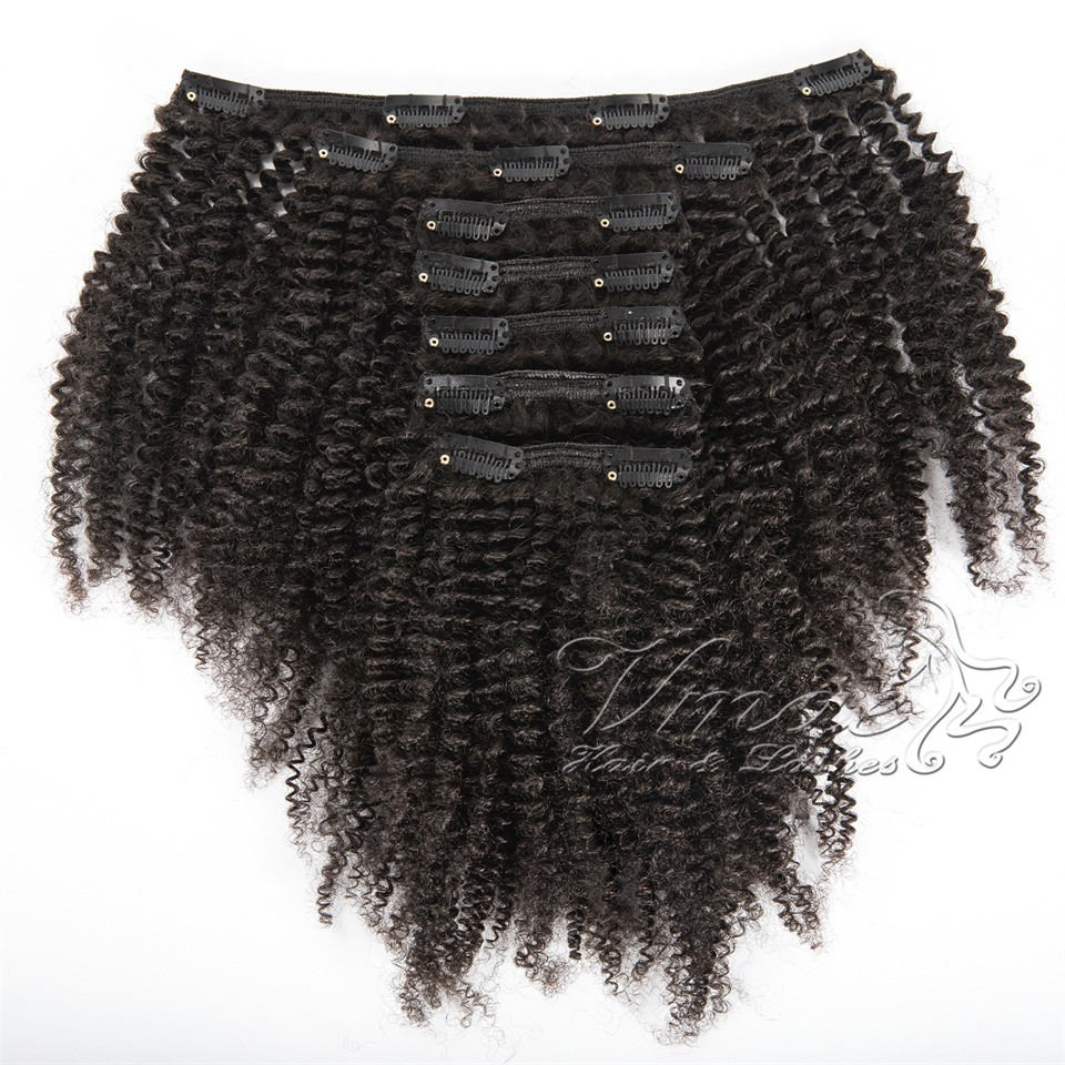VMAE peruanische natürliche schwarze 100g 120g Kunde Customized Kinky Curly Virgin Human Hair Extension Clip In