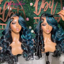 Perruque Lace Front Wig synthétique péruvienne noire et bleue, perruque Body Wave à reflets transparents Hd pour femmes