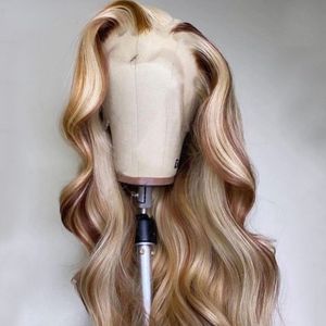 Perruque Lace Frontal Wig péruvienne blonde à reflets transparents, 13x4, perruque Body Wave colorée, pre-plucked, 180%, pour femmes