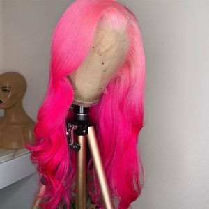 Peruaans haar Ombre roze gekleurde kant voorste pruik roze vooraf geplukte 13x3 kanten frontale pruiken synthetische 30 inch lichaamsgolf kanten voor pruik voor vrouwen