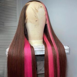 Peruvian Hair Pink Brown Highlight Lace Front Wig Long Straight Lace Front Wig HD Lace Simulation Human Hair Wigs for Women