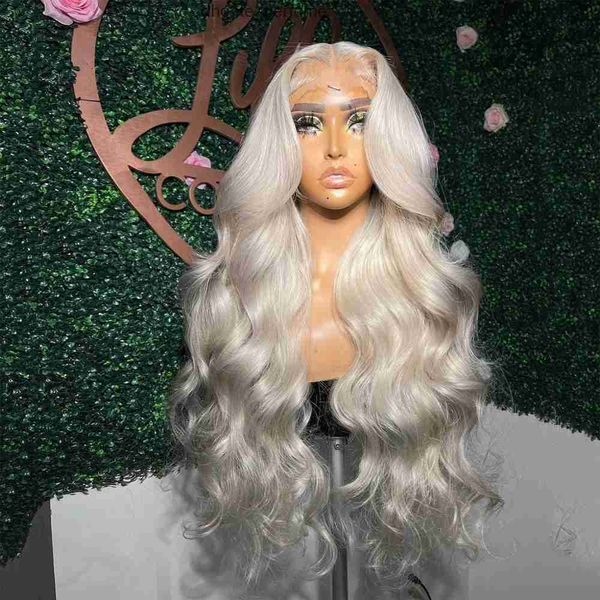 Peruvian Hair Platinum Blonde Colore en dentelle de dentelle Body Body # 60 White Wig Pré-cueillette 13x4 HD Perruques frontales en dentelle transparente Synthétique pour les femmes R