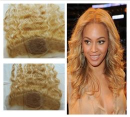 Péruvienne Miel Blonde Cheveux Humains Soie Base Dentelle Fermeture Frontale Noeuds Blanchis 27 Fraise Blonde Vague De Corps Soie Top Dentelle Fronta6268886
