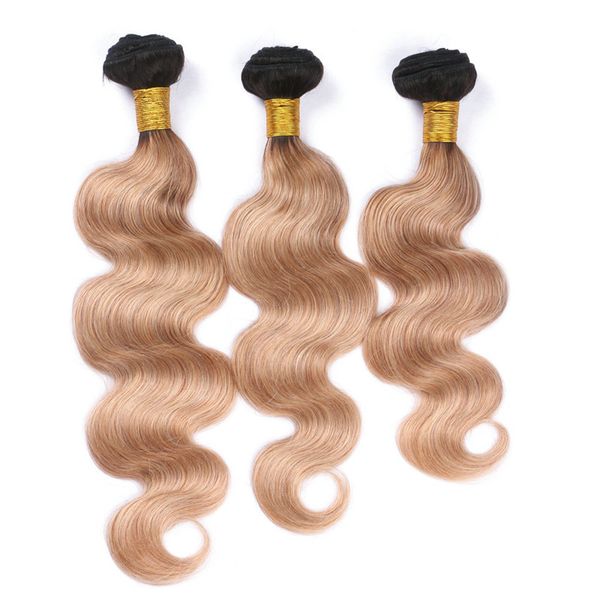 Extensiones de tejido de cabello humano peruano rubio miel Ombre Onda del cuerpo ondulado 3 piezas # 1B / 27 Marrón claro Ombre Paquetes de cabello humano virgen Ofertas