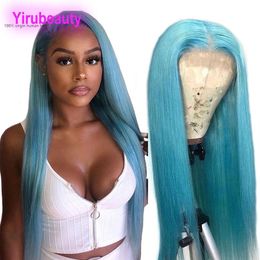 Peruaans mensenhaar 13X4 Lace Front Wig Recht Lichtblauw Geel Rood 150% Dichtheid Zijdeachtig Recht 12-30inch 13 bij 4 pruiken Grey2740