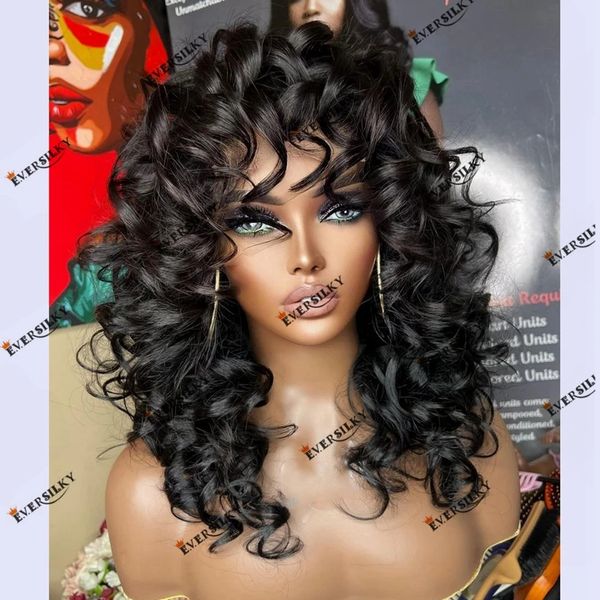 Perruque Lace Front Wig naturelle péruvienne, cheveux humains, 13x4, boucles amples, noir de jais, frange, 5x5 HD, fermeture en dentelle, pour femmes noires