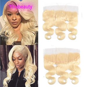 Peruaanse Menselijk Haar 13X4 Kant Frontale Pre Geplukt Body Wave Blonde Kleur 613 #13 Door 4 frontale Met Baby Haar 12-24 inch