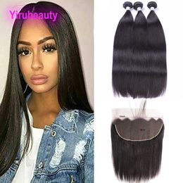 Cabello humano peruano 3 paquetes con extensiones de cabello de bebé frontal de encaje 13X6 10-30 pulgadas Productos para el cabello recto Yirubeauty Frontales