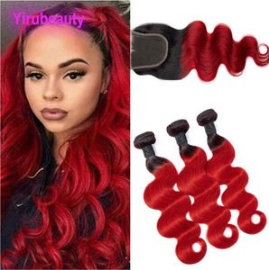 Peruaans haar 4-delig 1BRed Body Wave-bundels met 4X4 vetersluiting Babyharen Middelste driedelige Body Wave 1B Rood9990917