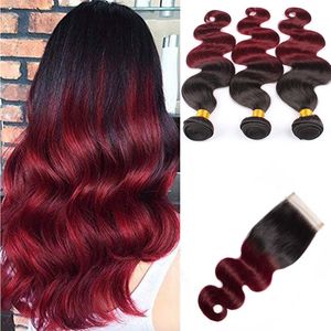 Peruaanse Human Hair 4 Stuks Een Set 1B 99J Steil Haar Extensions 3 Bundels Met Sluiting 12-24