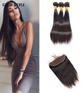 Cheveux humains péruviens dentelle frontale fermeture avec paquets cheveux raides 3 paquets Remy Extensions de cheveux naturel Black7030973