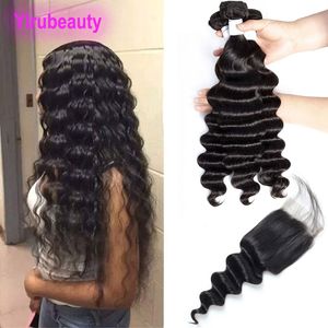 Cabello humano peruano Suelto Profundo Nuevos productos 3 paquetes con cierre de encaje 4X4 Con cabello de bebé Tramas de cabello teñibles con cierre