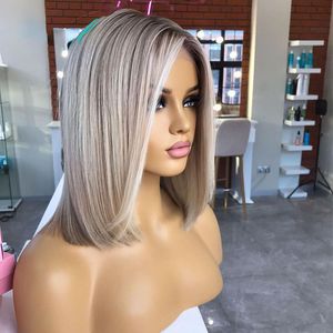 Peruaans haar Ombre Ash Blonde Gekleurde Korte Bob 13x4 Kanten Voorkant Pruik GluelessPixie Cut Rechte Synthetische Frontale Pruiken Voor Vrouwen