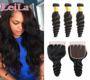 Pelo peruano de onda suelta 3 paquetes con cierre de encaje Extensiones de cabello baratas Hai Weave Parte Cierre de encaje Cabello virgen 7083263