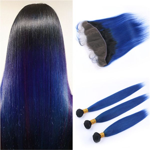 Paquetes de tejido de cabello humano azul Ombre peruano Raíz oscura con cierre frontal de encaje 13x4 # 1B / Extensiones de trama de cabello virgen Ombre azul oscuro