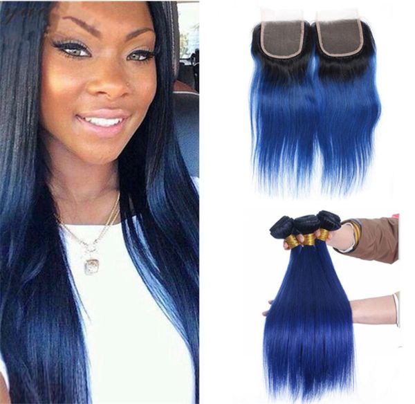 Poules de cheveux Vierge bleu péruvien avec fermeture en dentelle 1b Blue ombre Human Hair Weaves with Top Close 4PCS LOT4101308