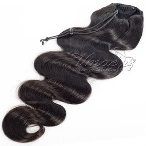 Peruano Remy Virgin Ponytails Cuticle Alineado Clip negro natural en banda elástica Corbatas Cordón Onda del cuerpo Extensiones de cabello humano real