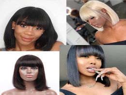 Perruques péruviennes droites courtes Bob 100 avec frange dentelle avant perruques de cheveux humains pour les femmes Non Remy Bob Wigs5070538