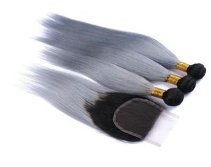 Peruvian Silver Grey ombre Cheveux avec fermeture 4pcs Lot 9A Grade 1Bgrey ombre Cheveux humains 3BUNDLES avec 1pc Straitement 4x4 Lace Closur8851906
