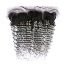 Peruviaanse siver grijze ombre menselijk haar 13x4 oor tot oor full lace frontale diepe golf 1B / grijze donkere root ombre kant frontale sluiting