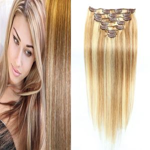 Clip de pelo peruano en extensiones de cabello humano 7Pcs / Set 100 gramos de cabello no-Remy en cabeza completa 27/613