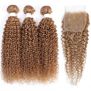 Cheveux vierges péruviens 27 # Couleur Kinky Curly 3 faisceaux avec fermeture à lacet 4X4 Yirubeauty 100% trames de cheveux humains avec fermeture 8-30 pouces