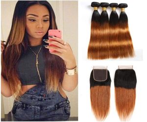 Peruaanse maagdelijke hairextensions met 4X4 vetersluiting 1B30 Rechte inslagen van echt haar met sluiting 4 stuks en vetersluiting Baby 1902088