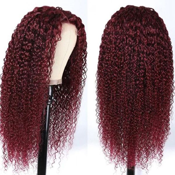 Peruvien Vierge Human Hair 99J Curly Kinky 13 * 4 Lace Lace Front Wig Yiubeauty 130% 150% 180% de densité Bourgogne gratuite