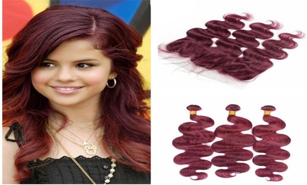 Paquetes de cabello humano virgen peruano 99j con encaje frontal Vino rojo Onda del cuerpo Tejido de cabello humano Borgoña 3 paquetes con 134 Fron6980062