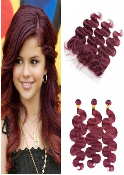 Paquetes de cabello humano virgen peruano 99j con encaje frontal Vino rojo Onda del cuerpo Tejido de cabello humano Borgoña 3 paquetes con 134 Fron8920319