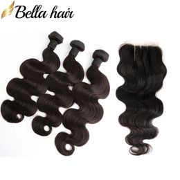 Peruviaanse menselijke haarbundels met sluitingen Body Wave Haar Weefs met Kantsluiting 3 Deel Virgin Hair Extension Bellahair