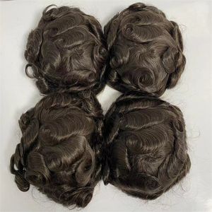Péruvien Vierge Cheveux Humains Morceaux Chocolat Brun Couleur # 2 32mm Vague Noeuds PU Toupets pour Hommes