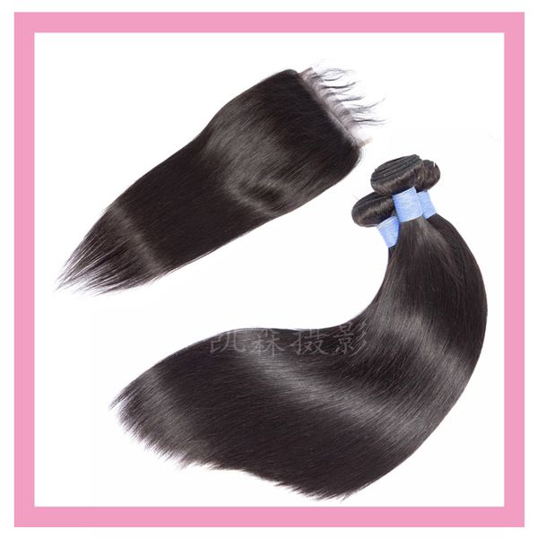 Peruvien Vierge Human Hair Silky Straitement deux paquets avec 6x6 Clôture en dentelle Couleur naturelle 3pcs en gros