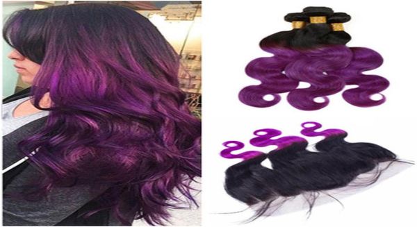 Cabello humano peruano de la Virgen púrpura de Ombre con el cierre frontal 4 piezas / lote 13x4 onda del cuerpo 1BPurple dos tonos Ombre encaje frontal con Bu7449380