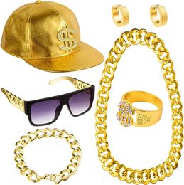 Pesenar 80s 90ship Hop kostuumkit Metal Chain Flat top zonnebrillen rapper grote ketting ketting en armband hiphop gouden dop 240430