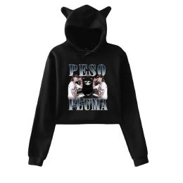 Peso Pluma Merch Crop Top Hoodie voor tienermeisjes Streetwear Hip Hop Kawaii Kat Oor Harajuku Cropped Sweatshirt Trui Tops