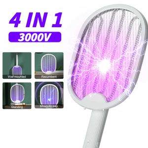 Ongediertebestrijding 4 In1 Elektrische Muggen Killer Vliegenmepper USB Oplaadbare Val Mosquito Racket Insect Killer UV Licht 3000 V Slaapkamer Bug ZapperHKD230626