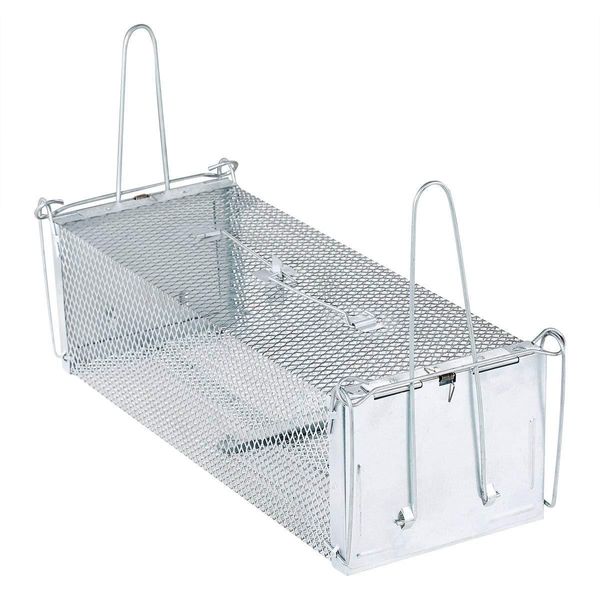 Trampas Jaula de metal Control de plagas Ratones Grandes 42 cm de largo Malla de hierro plateada 2 puertas Atraer al ratón 1 Gatillo inteligente Cierre automático Atrapar rata grande viva Trampa de 17 pulgadas Roedor interior y exterior