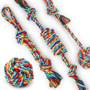 Pet Bite Toys Healthy for Teeth Rainbow Cotton Rope Familia de cuatro juguetes para mascotas Set Colorful Knot Pet Dog Toys LJ201125