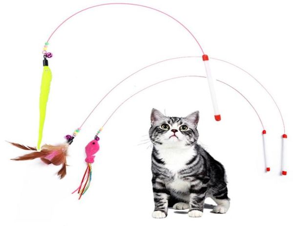 Pet Cat Teaser Toy Wire Dangler Wand Feather Plush Fish Caterpillar Interactive Fun Exerciser jouant Toy JK2012PH3006093