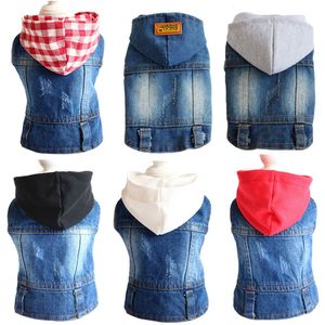 Huisdier kleding honden jeans jas hond kleding cool blauw denim jas kleine medium doggy revers vesten klassieke hoodies puppy rood zwart check vintage gewassen kleding L A152