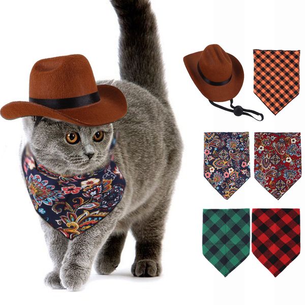 Costume de bandana chapeau de cowboy pour animal de compagnie, ensemble d'accessoires de costume de chien chat drôle pour anniversaire mexicain Noël et fête de vacances port quotidien