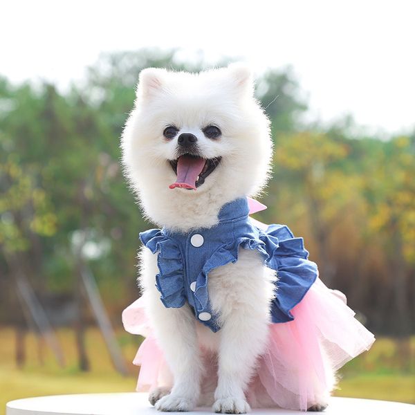 Ropa para perros chihuahua vestidos de novia de encaje de mezclilla para perros pequeños y medianos fiesta de cachorros falda dulce con lazo mascotas Cat227k