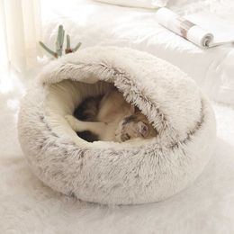 Hond kat ronde pluche bed semi-ingesloten kat nest voor diep slaapcomfort in winter katten bed kleine mat mand zachte kennel 210713