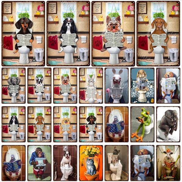 Pet Dog Toilet Vintage Metal Peinture Singe Grenouille Chat Animal Plaques Plaque Teckel Gamer Garage Home Bar Décoration Wall Art Tin Signs 20x30cm Woo