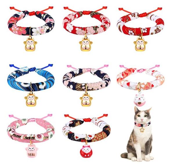 Animaux Chiens Chats Colliers Style Japonais Avec Maneki Feng Shui Fortune Chat Porte-Bonheur Figurine Cloches pour Chaton Chiot Collier En Tissu Réglable XS S M L Coloré