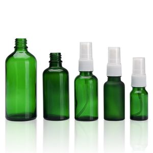 Bouteilles d'atomiseur de parfum en verre vert PET Pompe de pulvérisation à pression blanche Couvercle transparent Bouteille rechargeable Conteneurs d'emballage cosmétique 10 ml 15 ml 20 ml 30 ml 50 ml 60 ml 100 ml