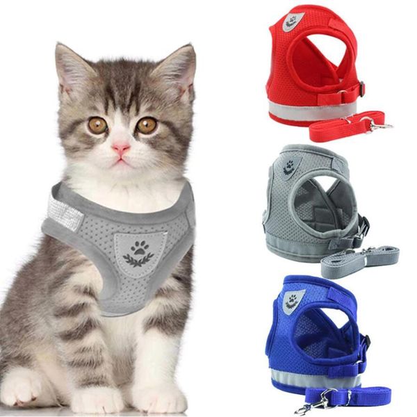 Arnés para mascotas, collares para perros con correa de plomo, chaleco ajustable, arneses transpirables de malla de poliéster, reflectantes para perros pequeños, accesorios para gatos