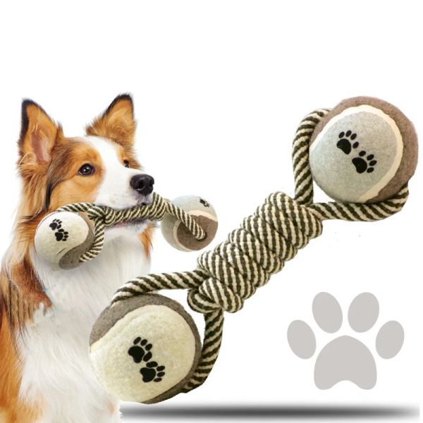 Juguetes de tenis interactivos para mascotas, cuerda de algodón, juguete para masticar con mancuernas, pelota duradera resistente a mordeduras para perros medianos y grandes